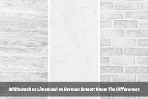 Comparison of Whitewash vs Limewash vs German Smear techniques. Image shows a whitewashed wooden surface on the left, a limewashed wall in the center, and a brick wall with German smear finish on the right. Text overlay reads 'Whitewash vs Limewash vs German Smear: Know The Differences.