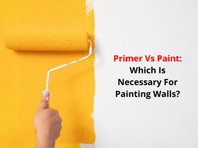 Hand using roller to paint yellow on white wall, highlighting the debate: Primer vs Paint - Which is necessary?