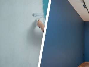 Side-by-side comparison of applying primer vs paint on a wall, showcasing the differences in process and finish