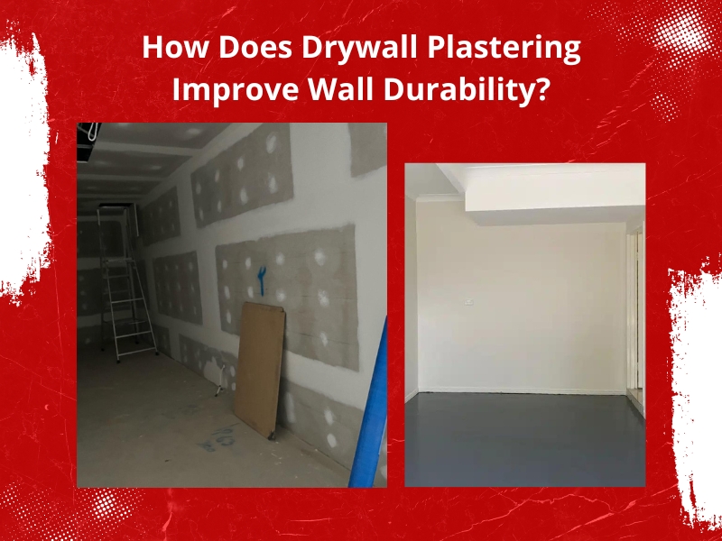 Comparison of unfinished drywall with finished drywall plastering showing improved wall durability and a smooth surface.