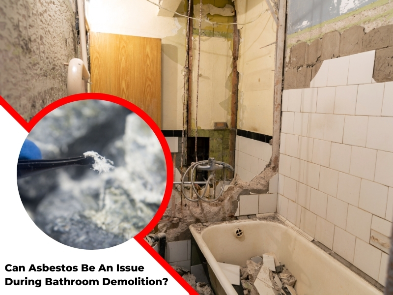 Bathroom demolition in progress with tiled walls and debris, raising concerns about detecting asbestos in bathroom materials.