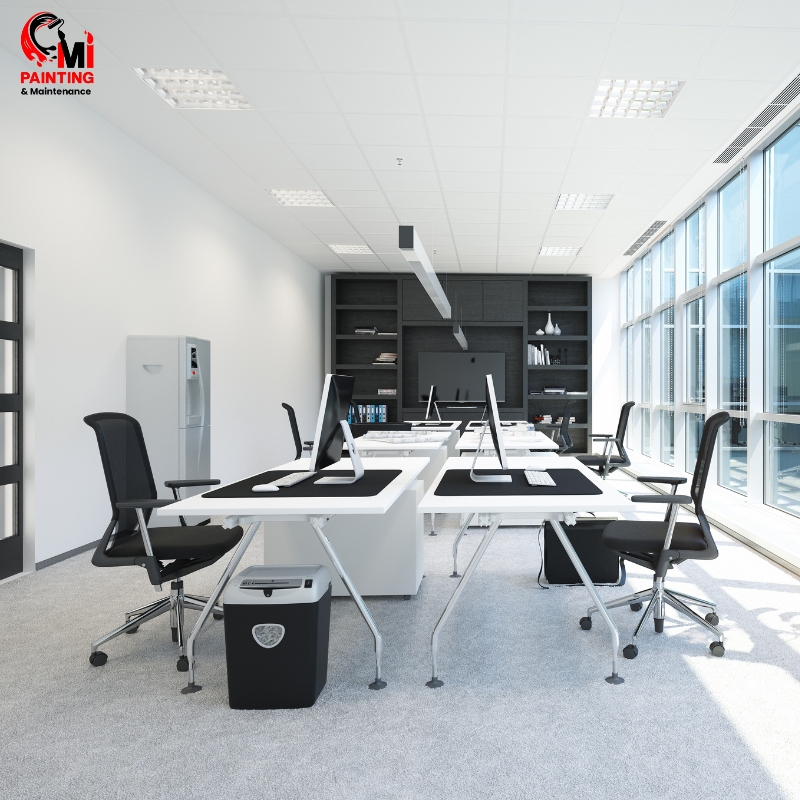 Modern office interior with freshly painted white walls, clean lines, and ample natural light, showcasing professional office painting in Sydney for a sleek and productive workspace