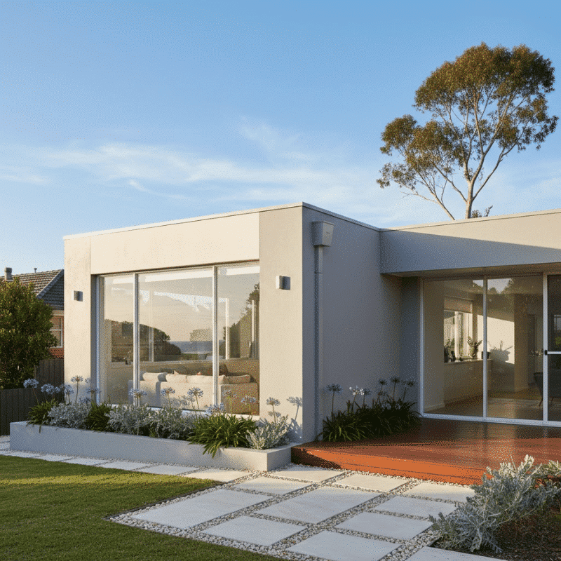 Freshly painted Sydney home exterior showing sun-exposed and shaded walls for exterior paint lifespan comparison.