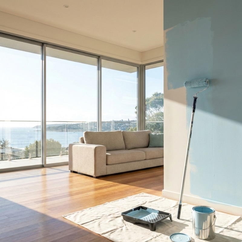 Professional painter painting an interior room step by step in a Sydney home