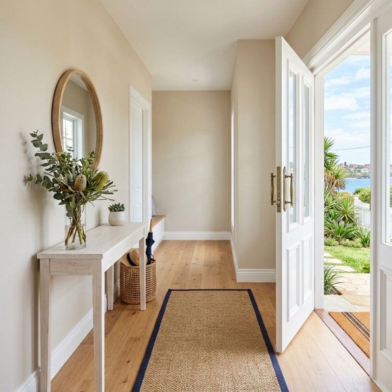 Sydney home repainting timeline showing a freshly painted entry hallway and trim