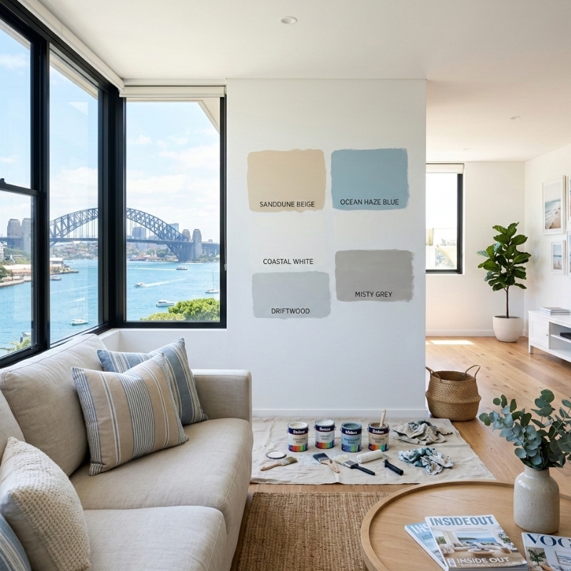 Paint colour samples tested on a wall in a bright Sydney living room with timber floors and natural daylight