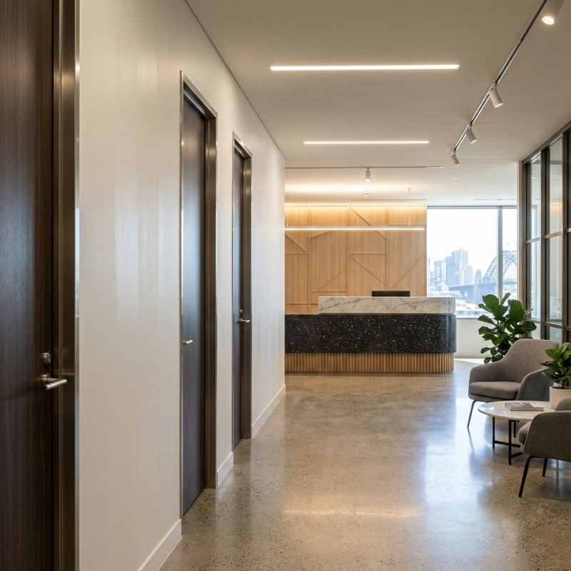 Choosing paint finishes for high-traffic commercial interiors in Sydney with examples of wall, door and trim sheen levels.