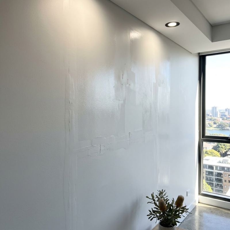 Patchy paint flashing visible on a new build interior wall in angled sunlight.