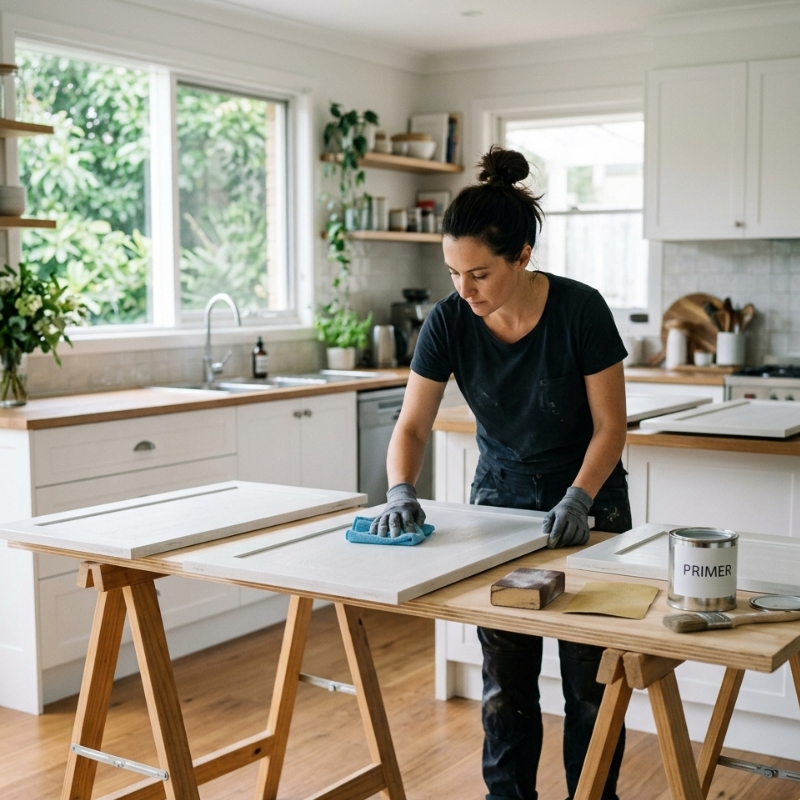 Prepping kitchen cabinet doors for painting by cleaning, sanding and priming to prevent peeling.