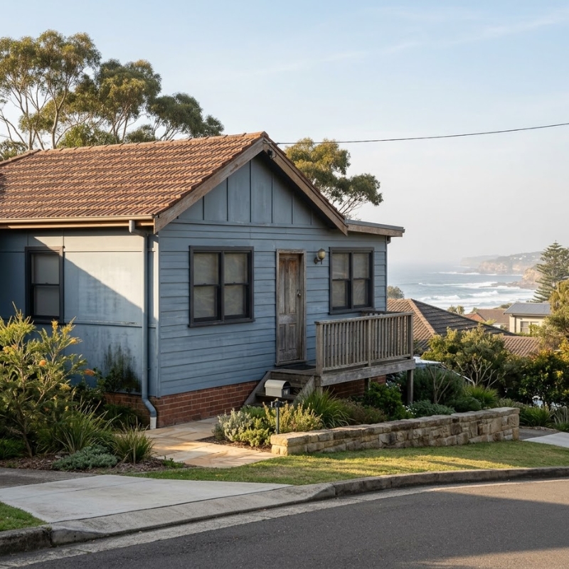 Sydney coastal home exterior showing paint fading and chalking from sun and salt exposure.