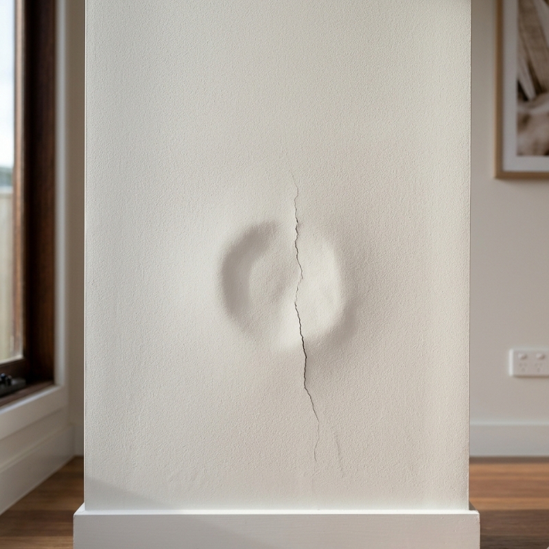 Wall patch showing a fine crack and slight sinking under side lighting in a Sydney home.