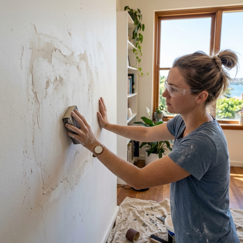 Homeowner sanding DIY plaster patch on Sydney wall before repainting