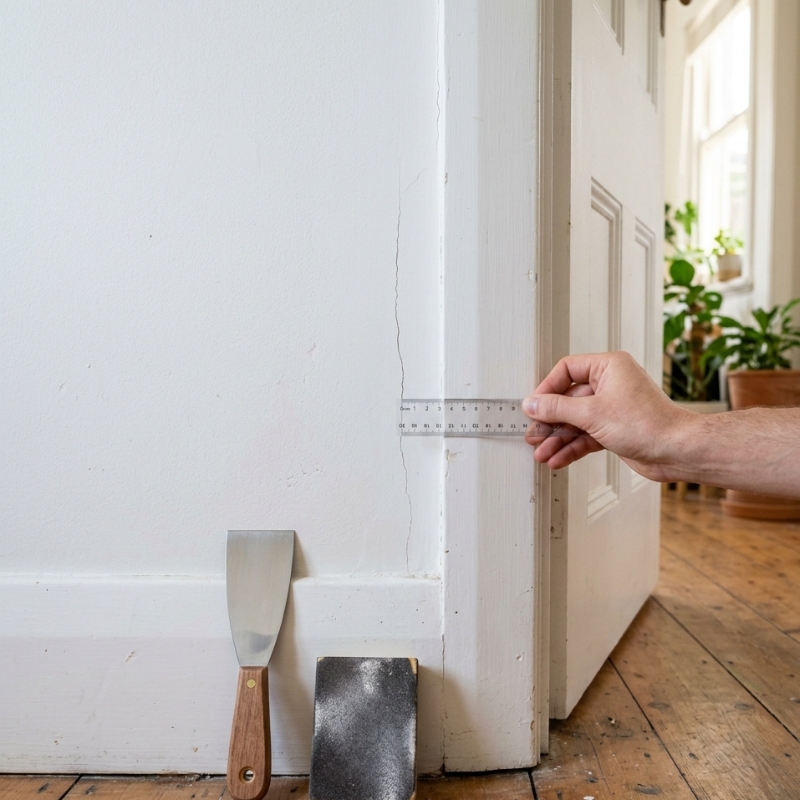 Hairline crack on a gyprocking wall near a door frame being measured with a ruler in a Sydney home.