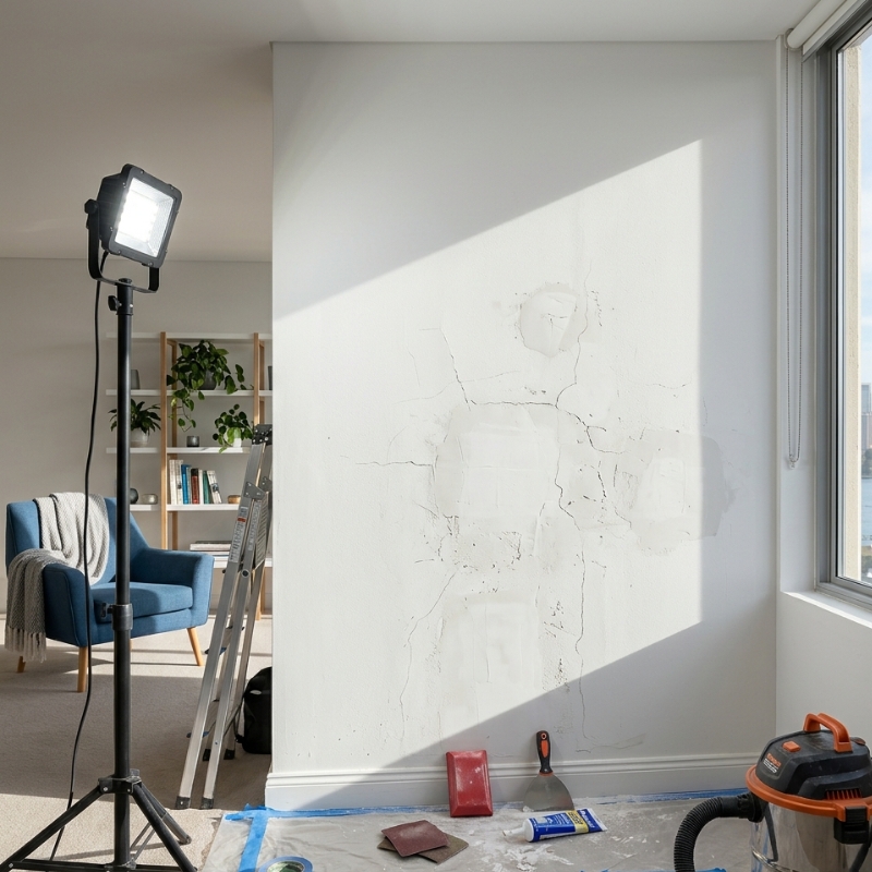 Homeowner sanding and preparing an interior wall for painting to achieve a smooth finish in a Sydney home.