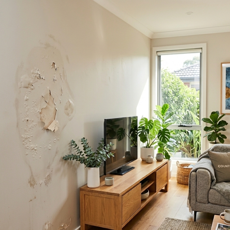 Sydney homeowner checking interior wall for peeling paint and fading.