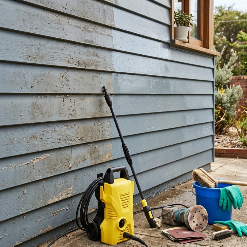 Unfinished exterior house wall being pressure washed and sanded before painting preparation