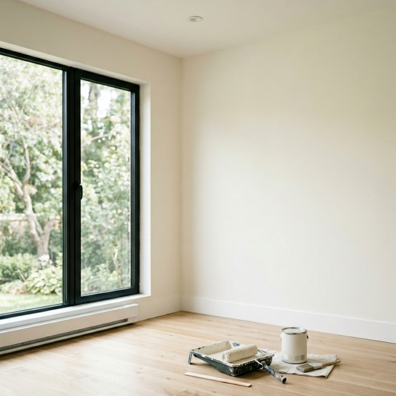 Minimalist modern home interior with freshly painted walls using clean, natural paint tones, bright natural lighting, and a visible paint roller resting on a tray