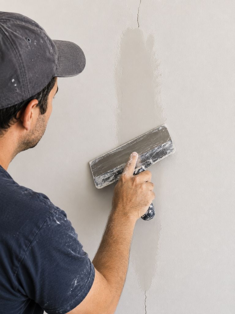 Plasterer feathering compound over a repaired wall crack for a flush finish