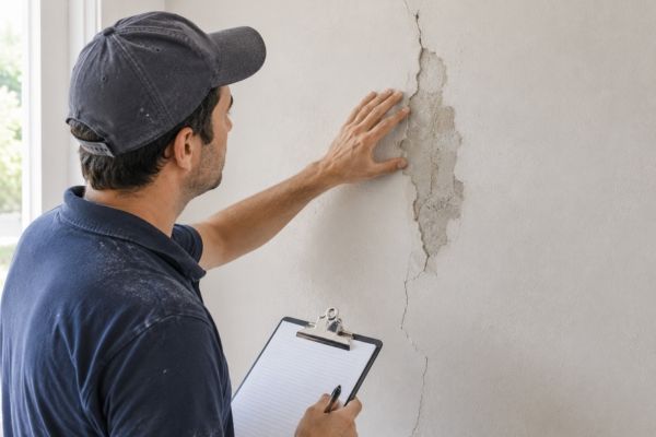 Plasterer inspecting wall damage before quoting the repair