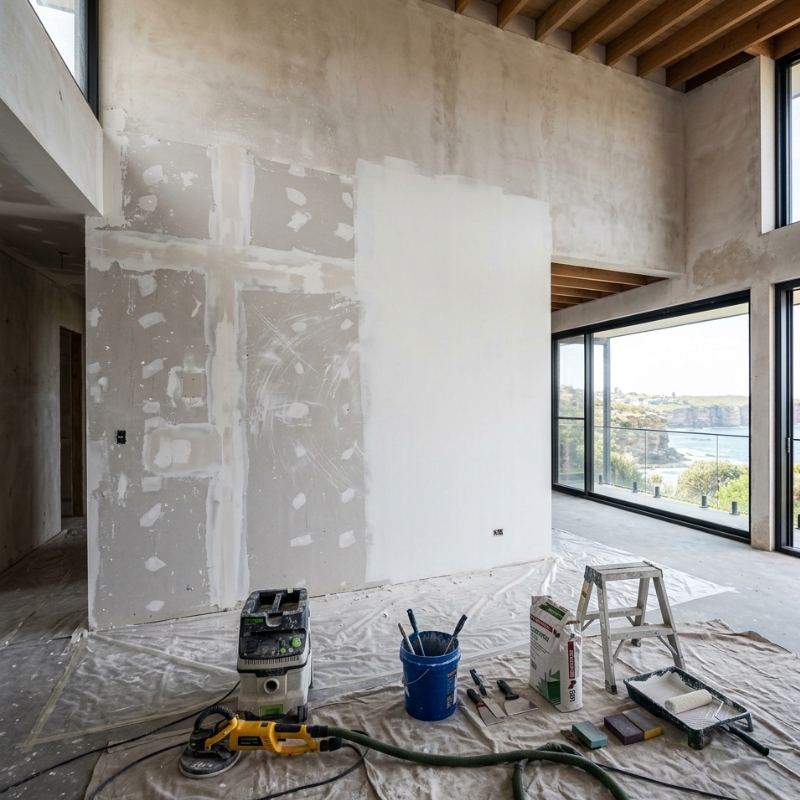 Sanding, patching and priming interior plaster walls in a modern Sydney home during renovation