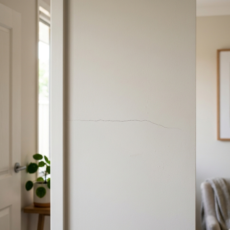 Thin hairline crack across a freshly painted gyprock interior wall in a modern home