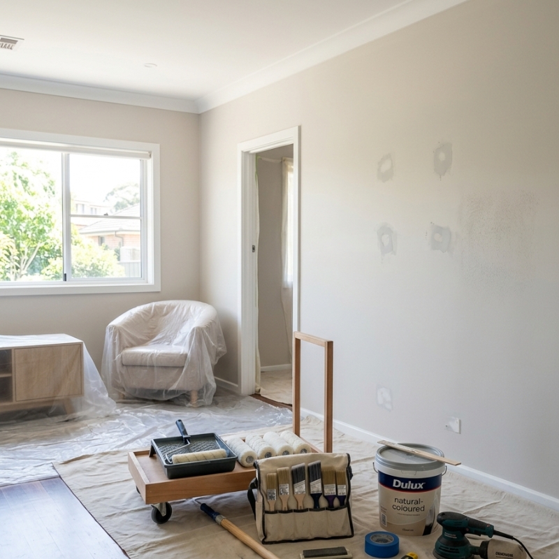 Residential home interior with painting tools and prepared walls before a fresh coat of paint