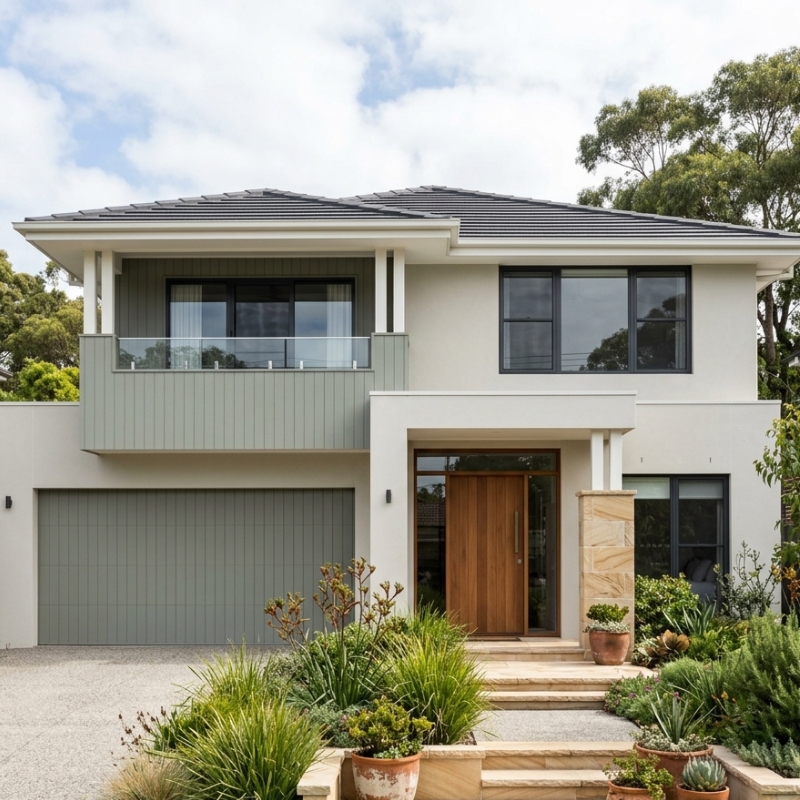 Freshly painted Sydney home exterior featuring modern neutral colour trends and natural landscaping