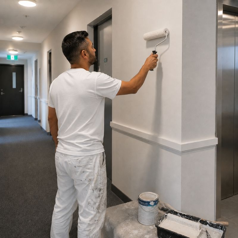 Painter carrying out strata maintenance touch-ups on common-area walls