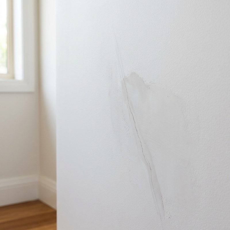 Close-up of a house wall showing proper surface preparation with sanding, primer, and painting tools before repainting.