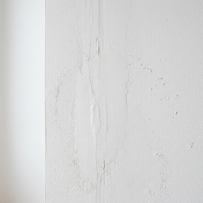 Close-up of a repaired gyprock wall showing a smooth plasterboard surface with a small hairline crack repair