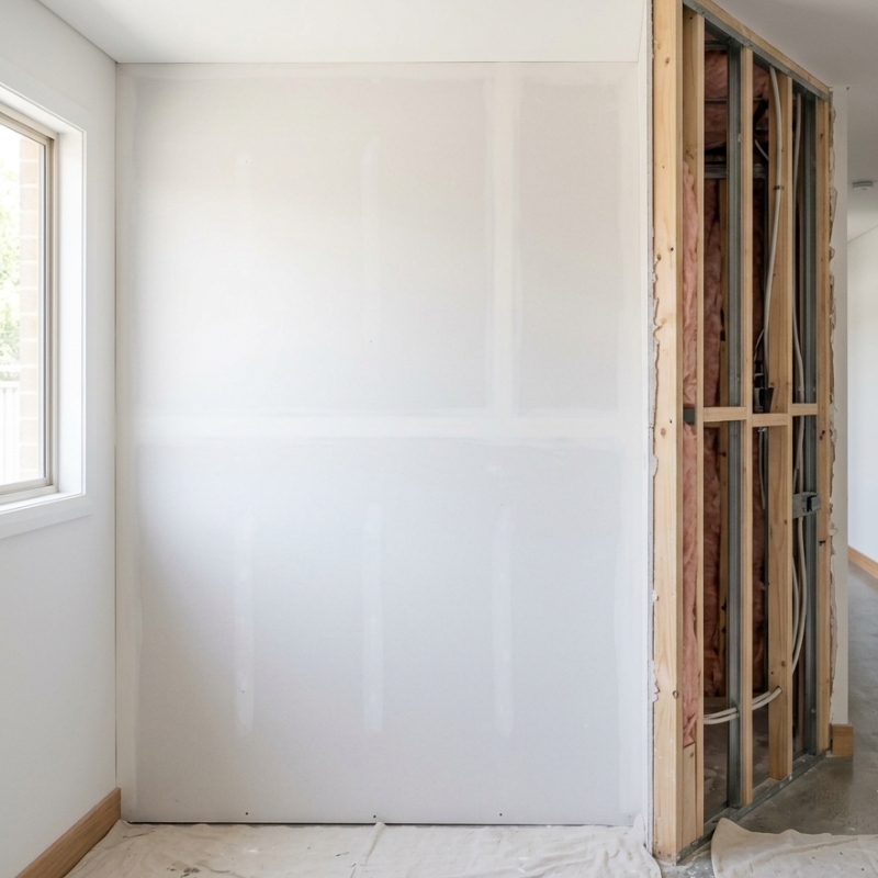 Newly installed gyprock plasterboard wall with smooth joints in a modern home interior
