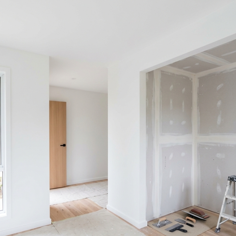 Freshly plastered interior walls in a modern home renovation ready for painting.