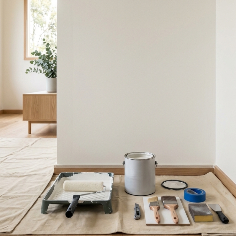 Modern home interior prepared for a painting project with tools and fresh painted walls