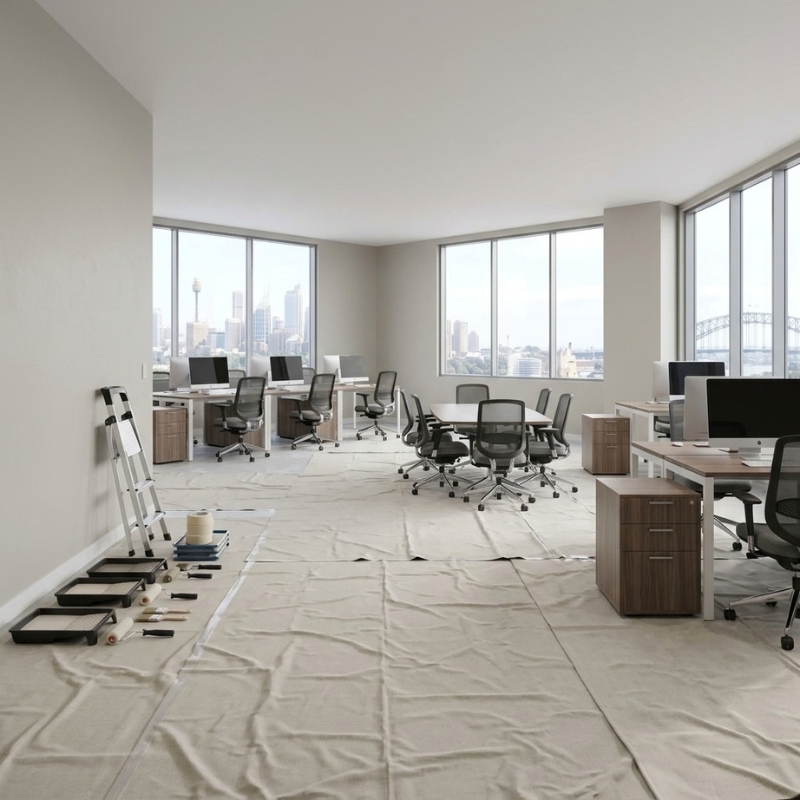 Office interior prepared for a commercial repaint with furniture moved away from the walls