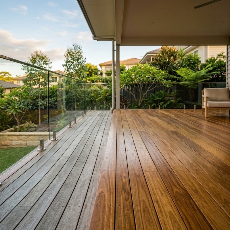 Exterior timber deck with a fresh varnish finish